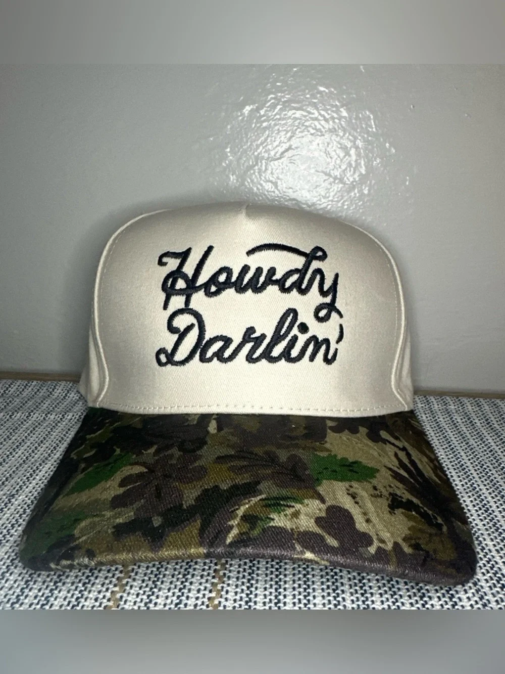 Howdy Darlin' Beige Trucker Hat with Camo Bill